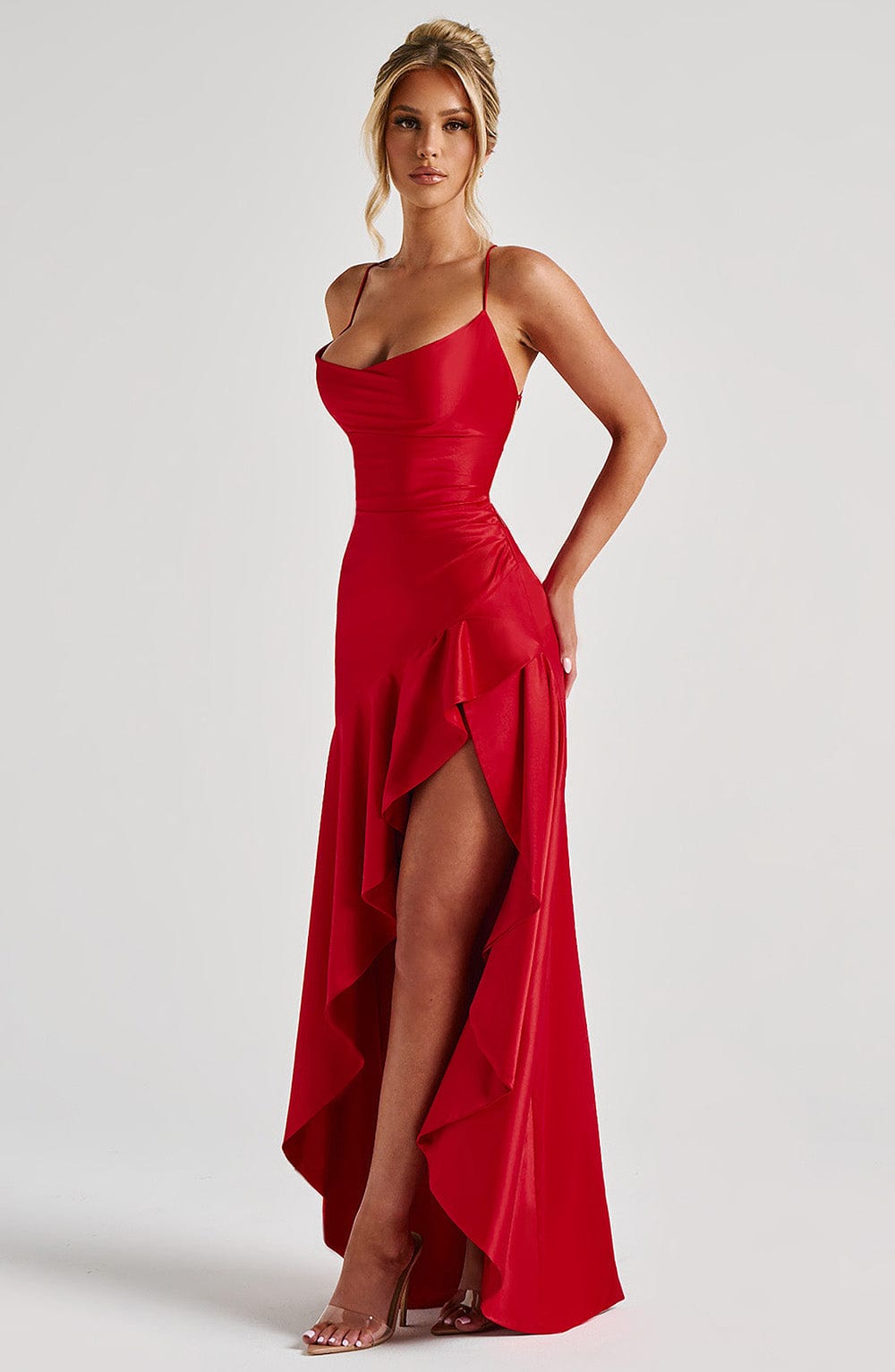 Prestige Satin Ruffle Maxi Dress