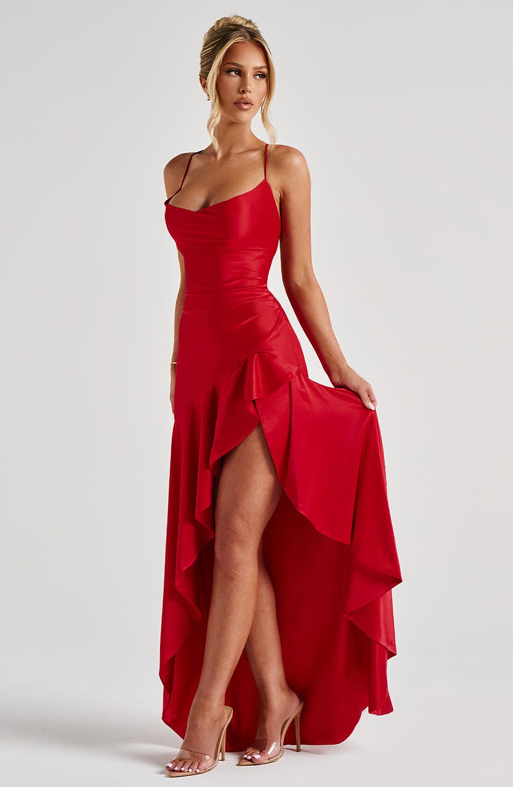 Prestige Satin Ruffle Maxi Dress